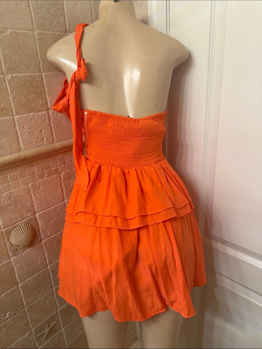 One-Shoulder Ruffle Mini Dress in Bright Orange - Picture 4 of 6
